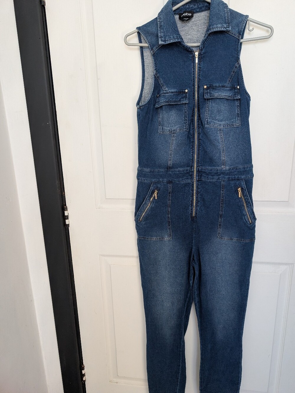 Bebe Womens Dark Blue Denim Sleeveless Jumpsuit with Front Zip